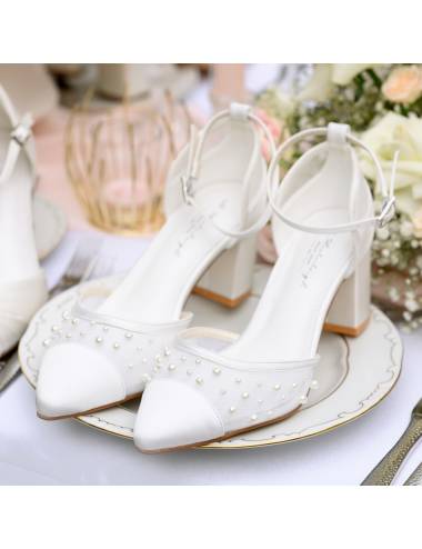 Scarpe da sposa con tacco largo, punta chiusa, comode, colore bianco seta