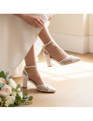 Scarpe da sposa con tacco largo, punta chiusa, comode, colore bianco seta