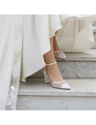 Scarpe da sposa con tacco largo, punta chiusa, comode, colore bianco seta