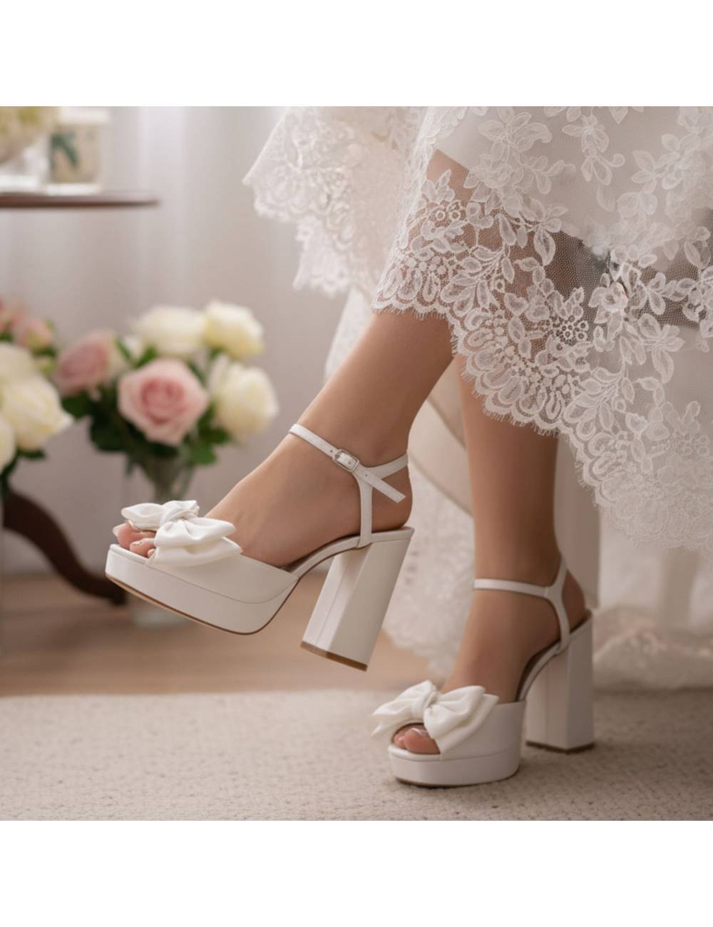 Scarpe da sposa con plateau, tacco largo 100 mm e maxi fiocco
