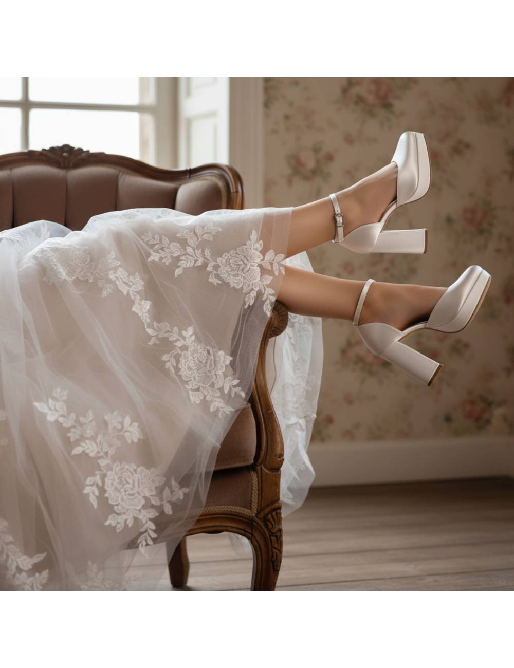 Zapatos de novia con plataforma en satén marfil y tacón ancho cónico de 10 cm