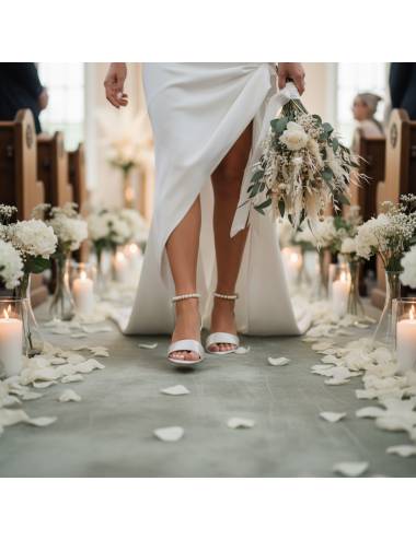 Sandali da sposa con tacco basso, comodi, aperti in punta, cinturino alla caviglia con perle.