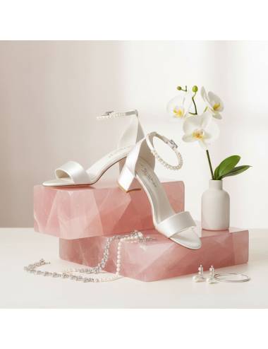 comfortable wedding shoes block low heel with strap on the front and pearls