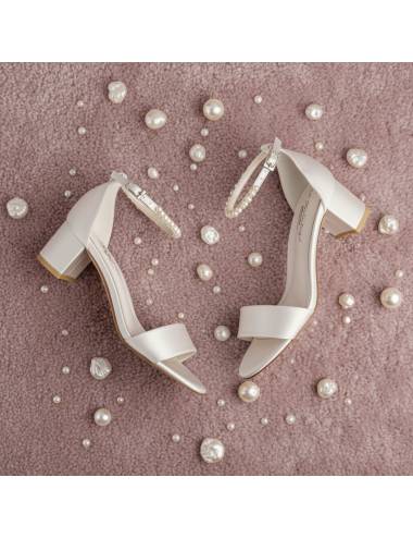 comfortable wedding shoes block low heel with strap on the front and pearls
