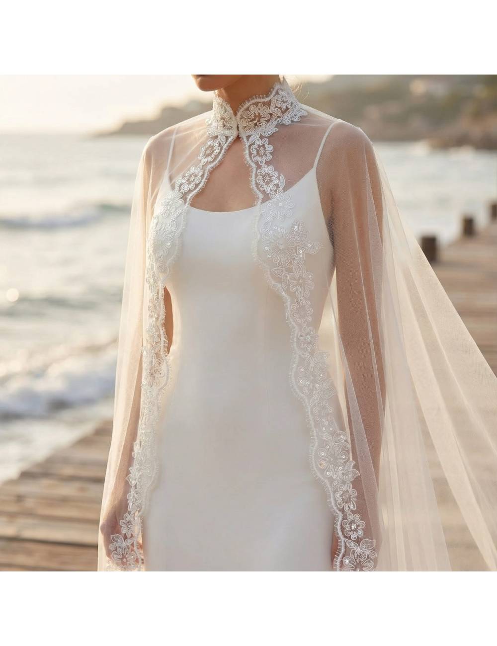tulle bridal cape with lace appliqué edge made to order
